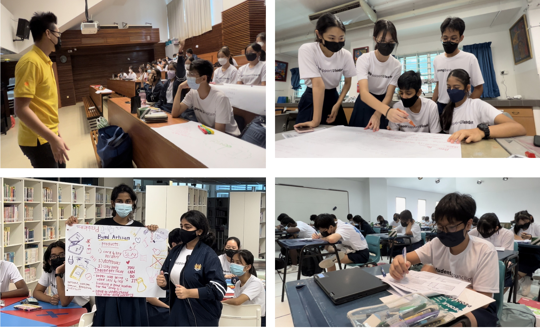 Four scenes of masked students in classrooms collaborating, writing on large paper, and presenting a handmade poster.